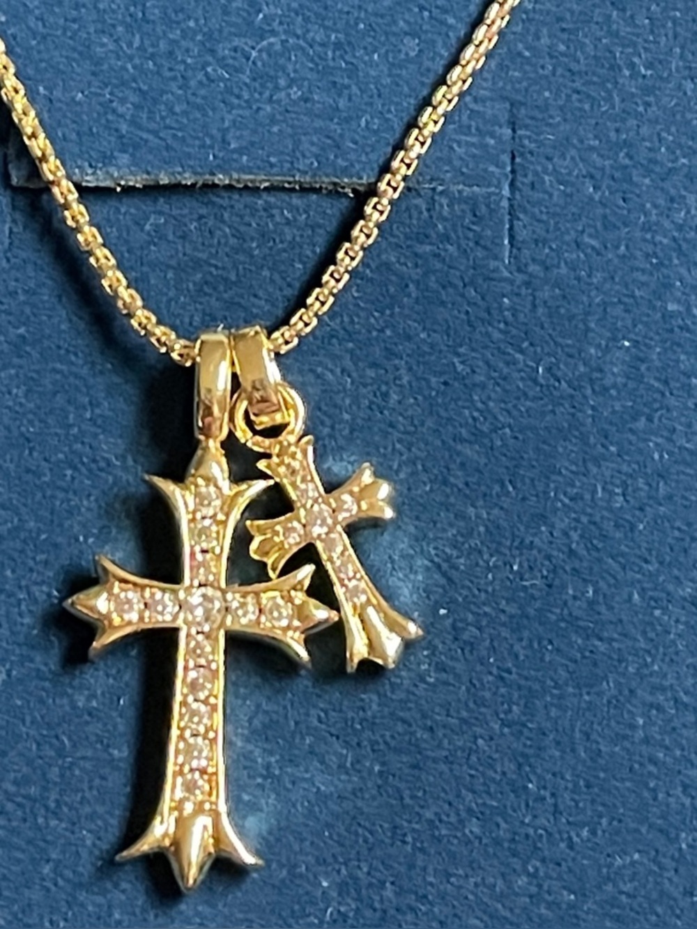 Double Gold Cross Pendant Necklace with Cubic Zirconia Accents - Women